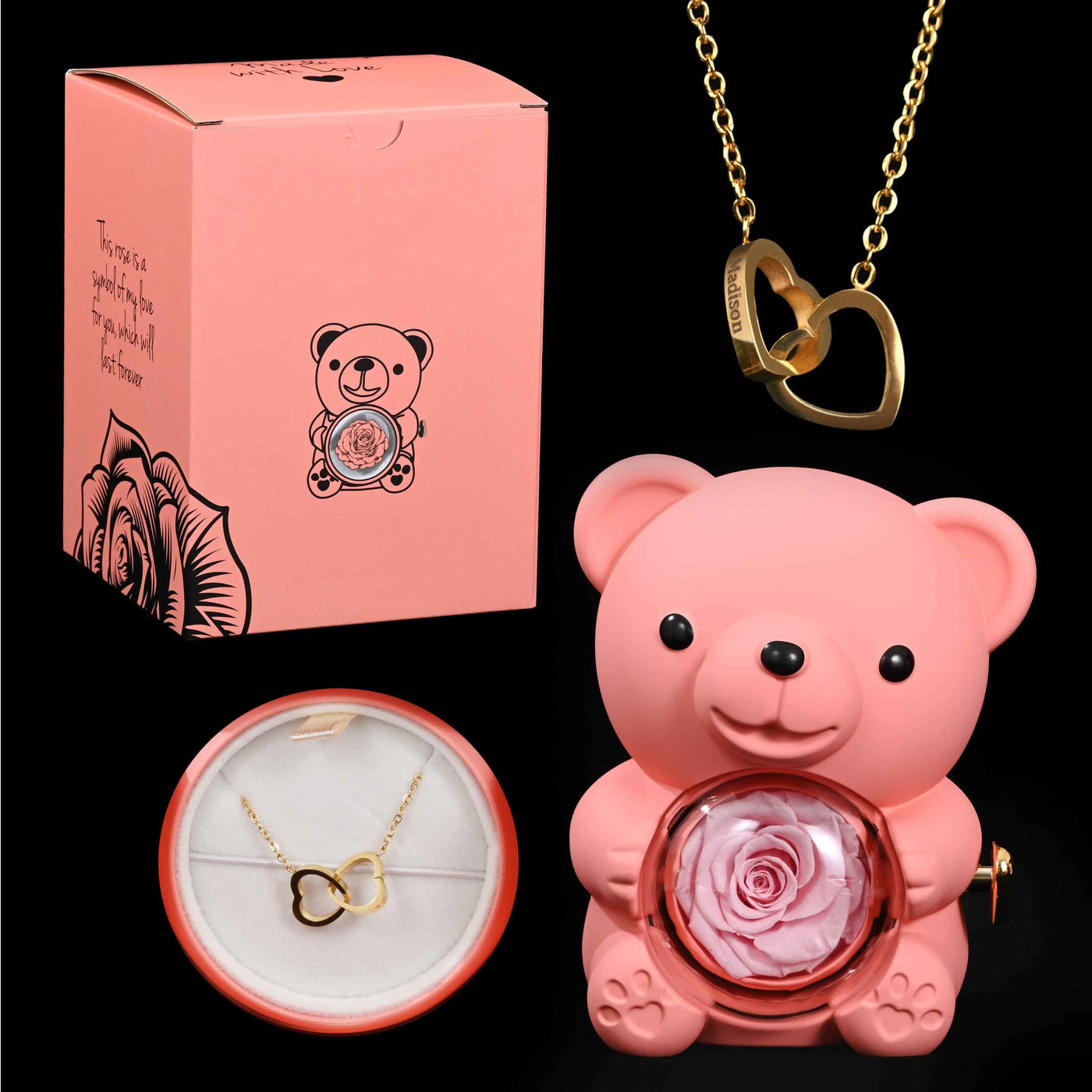 דוב ורד נצחי™ | מתנה רומנטית עם שרשרת חרוטה