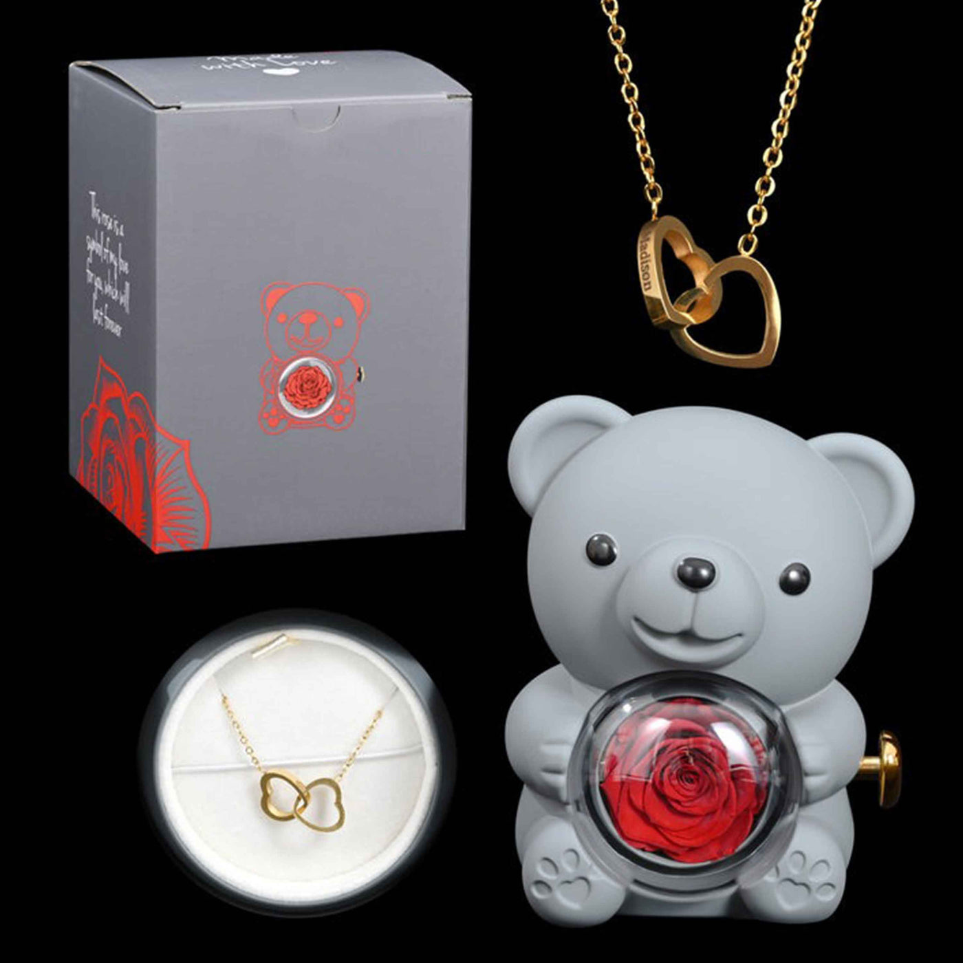 דוב ורד נצחי™ | מתנה רומנטית עם שרשרת חרוטה
