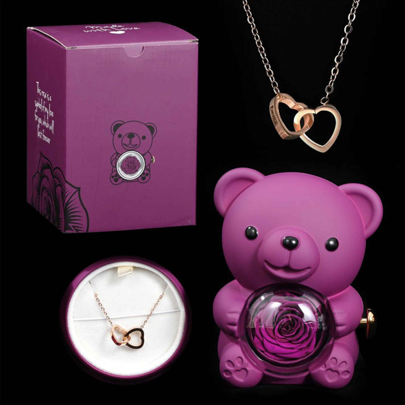 דוב ורד נצחי™ | מתנה רומנטית עם שרשרת חרוטה