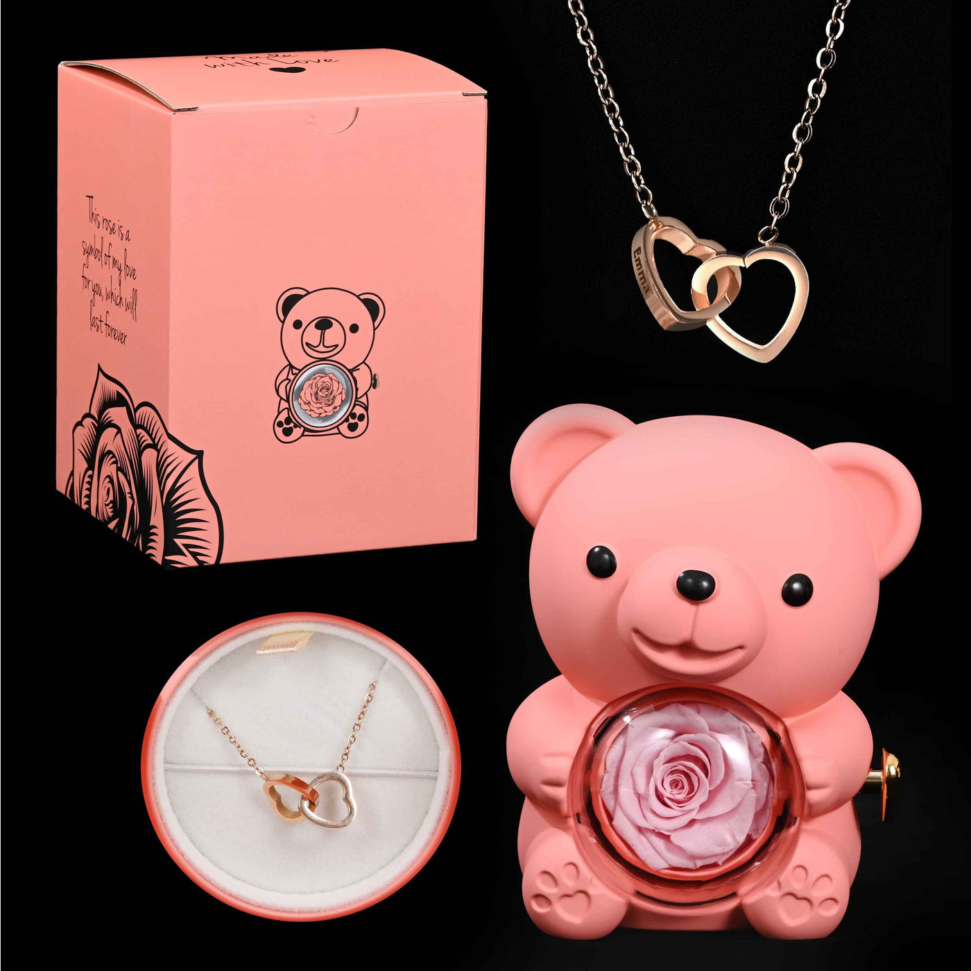 דוב ורד נצחי™ | מתנה רומנטית עם שרשרת חרוטה