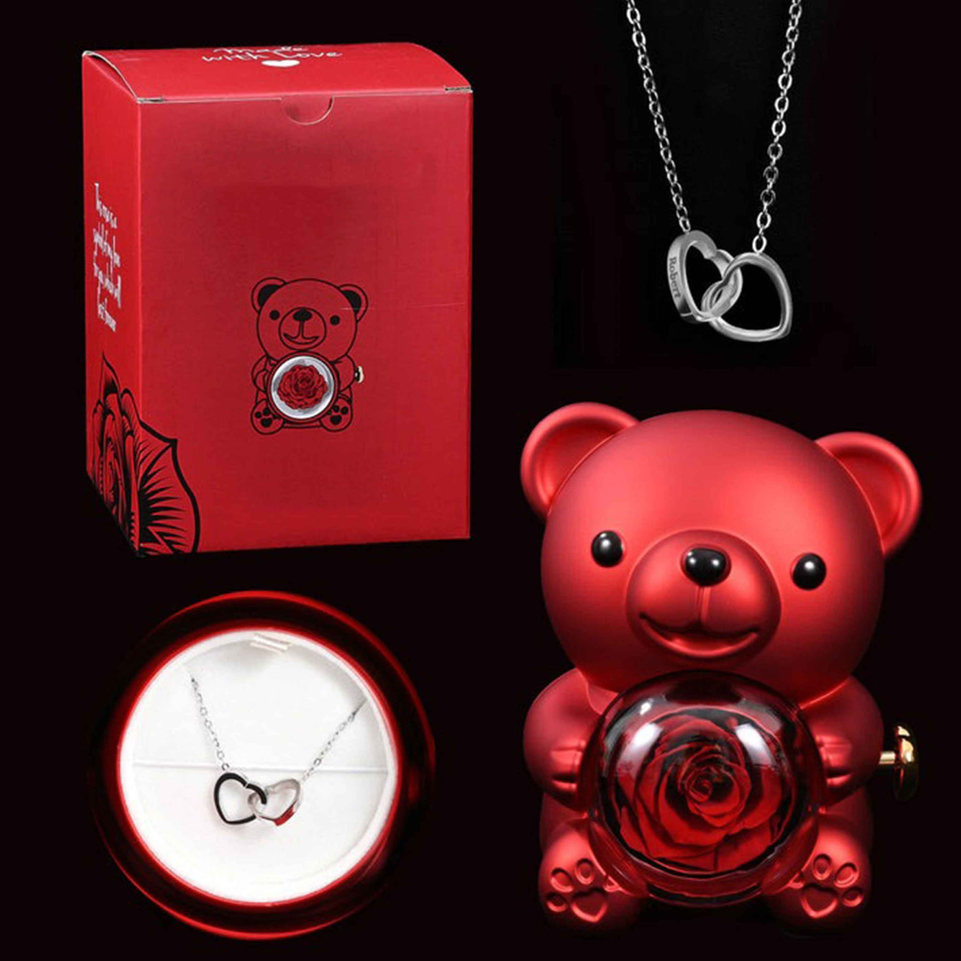 דוב ורד נצחי™ | מתנה רומנטית עם שרשרת חרוטה