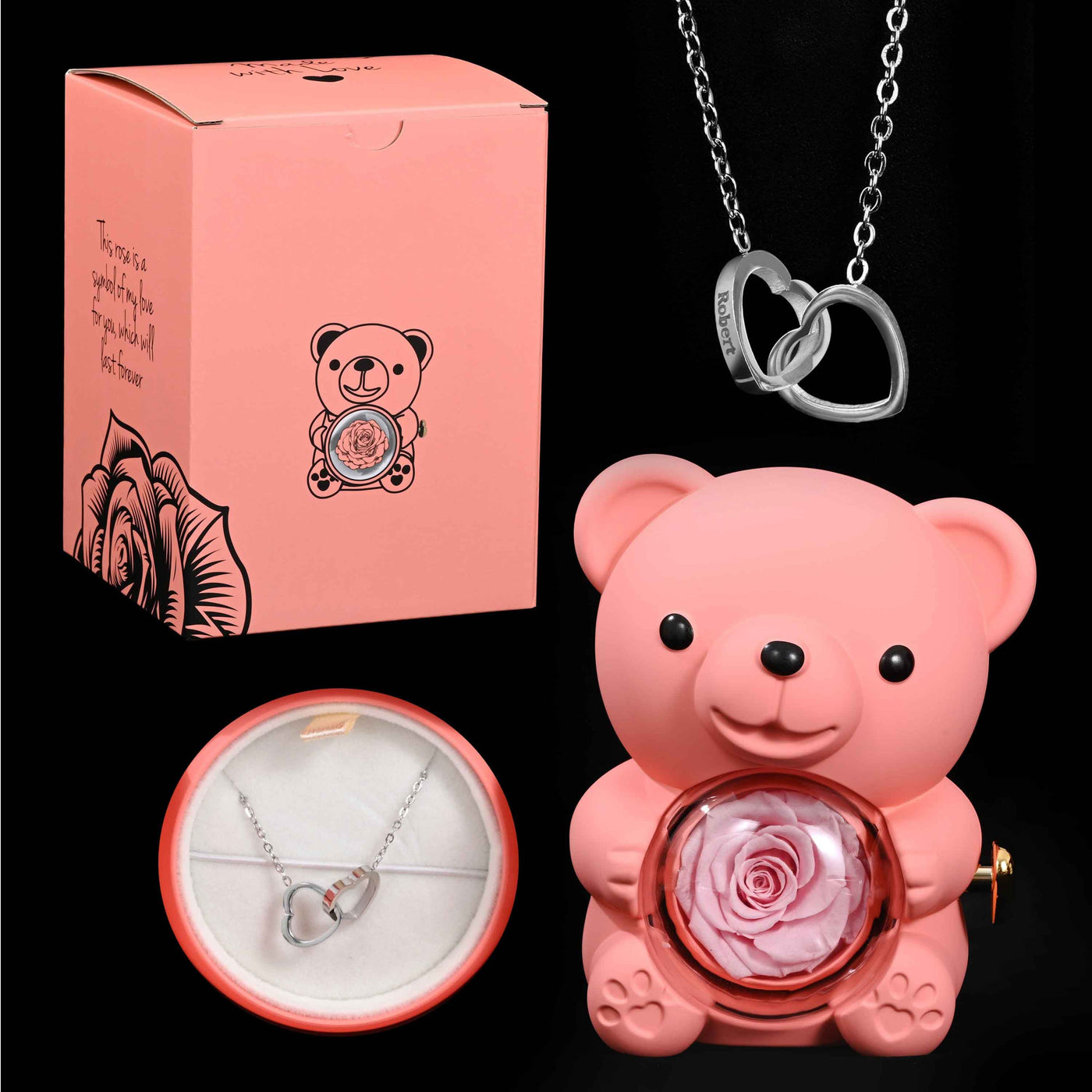 דוב ורד נצחי™ | מתנה רומנטית עם שרשרת חרוטה