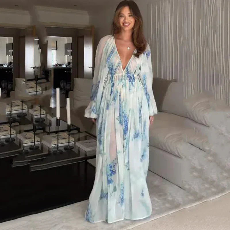 נועה™ | שמלת מקסי בצבע כחול ים