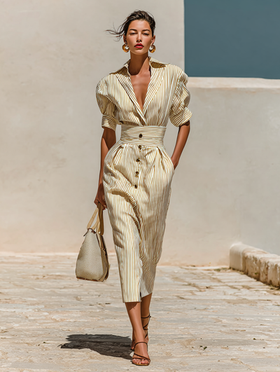 פסים™ | שמלת מידי עם שרוולים קצרים